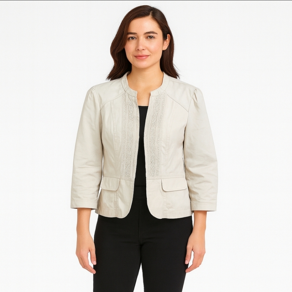 Elle Khaki Mandarin Collar Cropped Jacket With Lace Detail Sz Med
